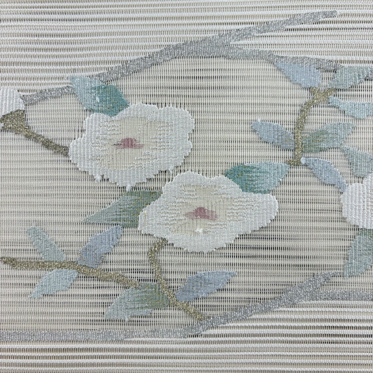 名古屋帯 秀品 夏帯 絽 八寸名古屋帯 松葉仕立て 枝花 金銀糸 クリーム