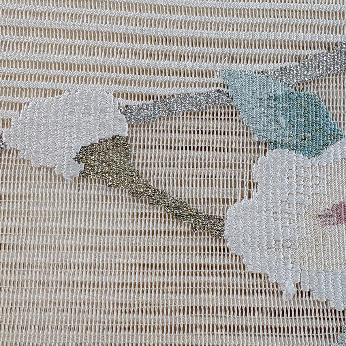 名古屋帯 秀品 夏帯 絽 八寸名古屋帯 松葉仕立て 枝花 金銀糸 クリーム
