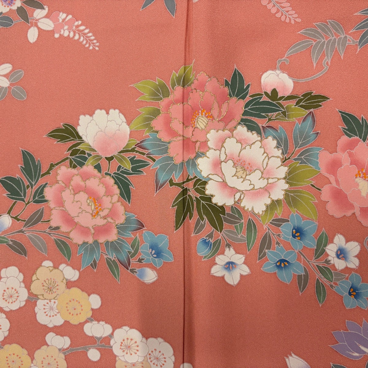 美品】 訪問着 身丈166cm 裄丈69cm L 袷 草花 金彩 サーモンピンク