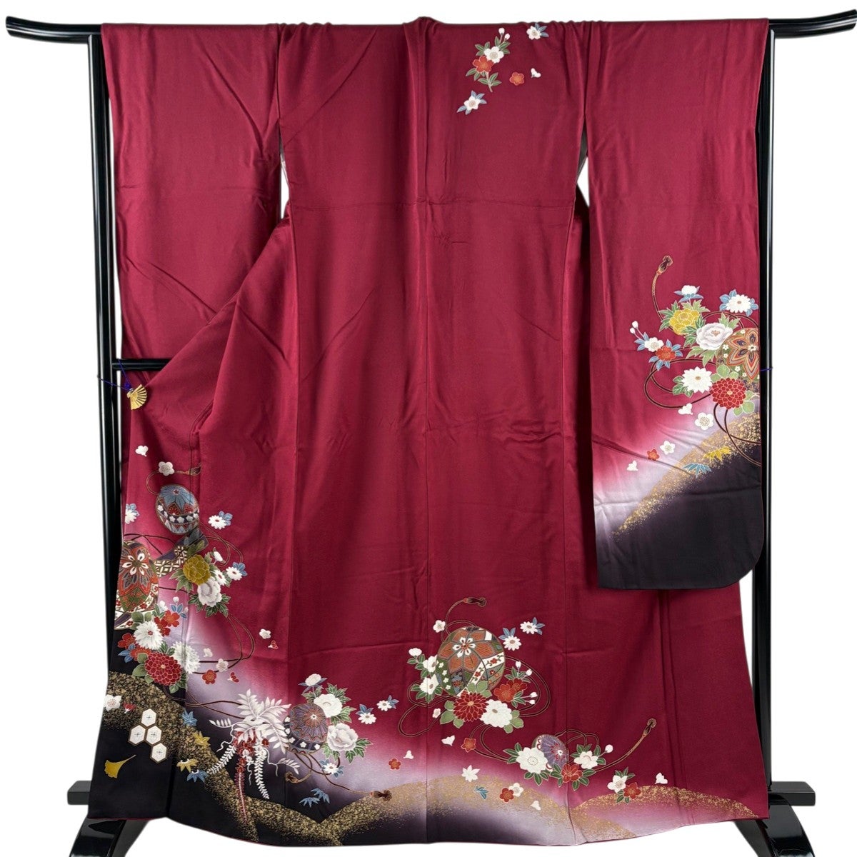 振袖 美品 名品 身丈165.5cm 裄丈68.5cm 正絹 【中古】 振袖 身丈165.5cm 裄丈68.5cm L 袷 梅 横縞 染め分け 赤 正絹 秀品