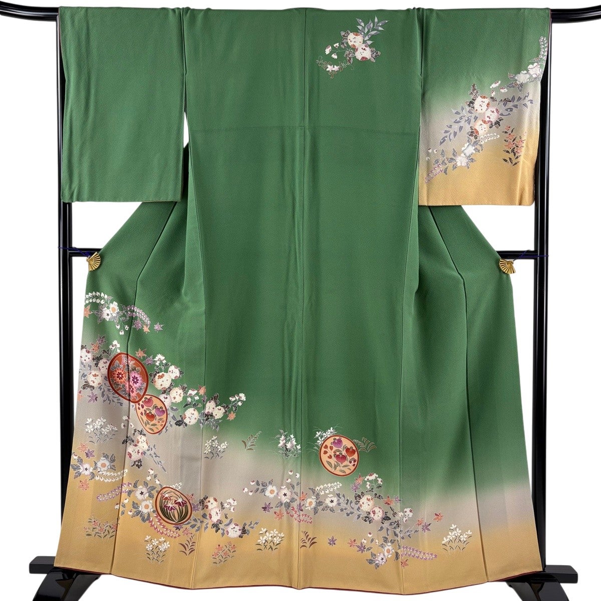 訪問着フルセット 枝花文　金彩　三越扱い　袷　身丈156cm 裄丈65cm 訪問着 身丈159cm 裄丈67cm M 袷 枝花 葡萄 金彩 ぼかし 灰緑 正絹 秀