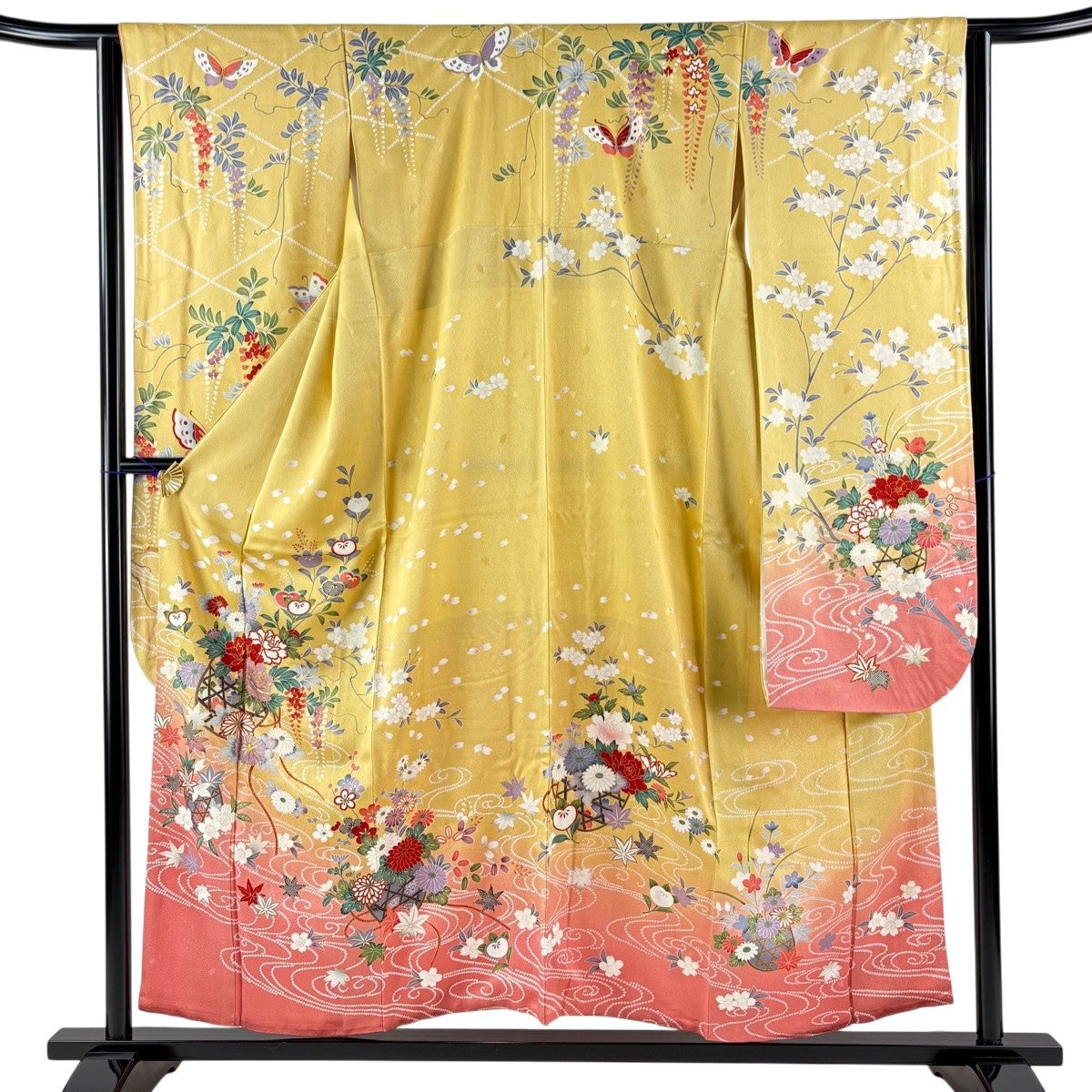 振袖 身丈153cm 裄丈62cm S 袷 草花 流水 金彩 薄茶色 正絹 秀品｜中古