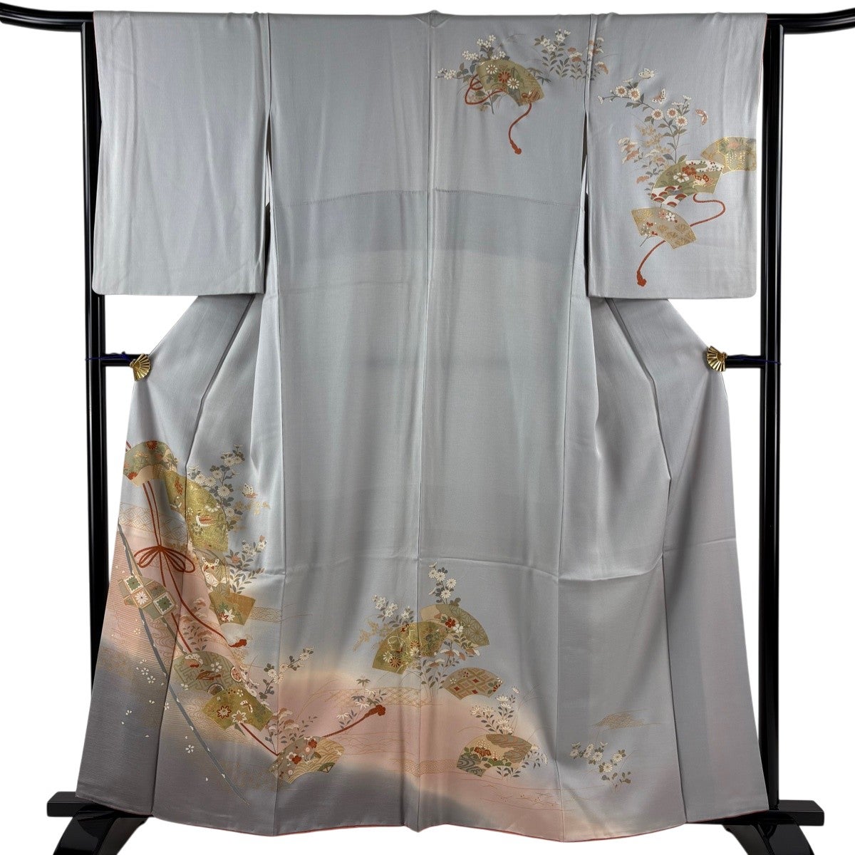 訪問着 身丈162.5cm 裄丈67.5cm L 袷 扇 草花 金彩 薄茶色 正絹 秀品
