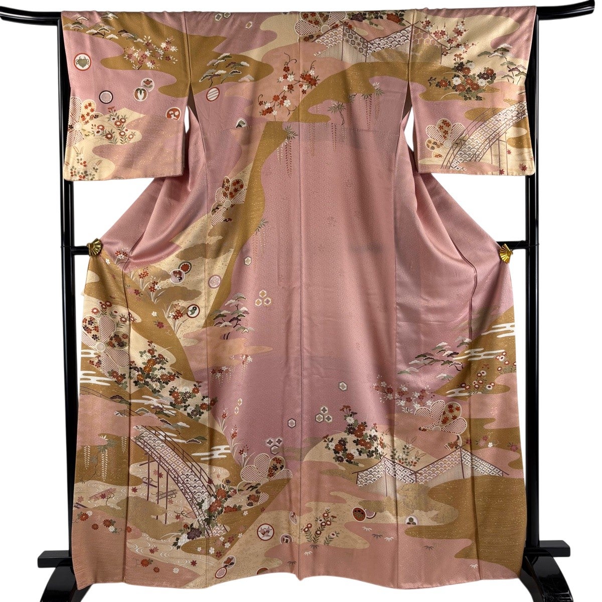 訪問着 身丈165cm 裄丈66cm M 袷 橋 菊 金糸 金彩 ピンク 正絹 秀品