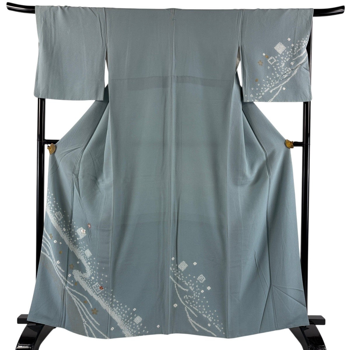 付下げ 身丈162.5cm 裄丈67.5cm L 袷 桜 花びら 刺繍 絞り 青灰色 正絹