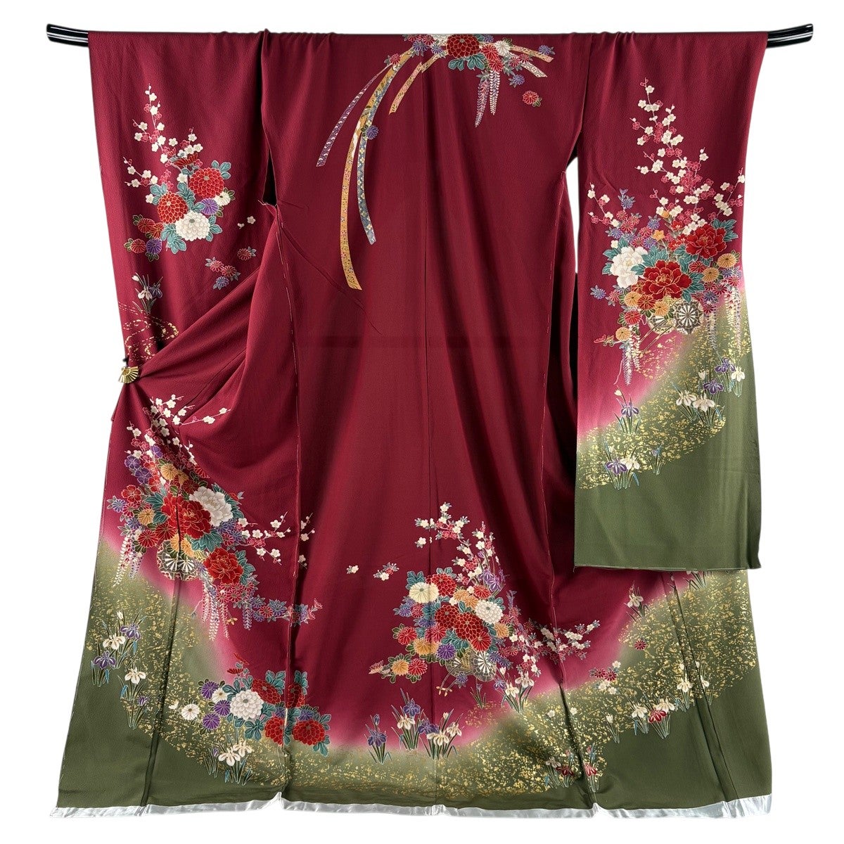 美品】 振袖 身丈185cm 裄丈77cm 未仕立て 仮絵羽 花車 草花 金彩