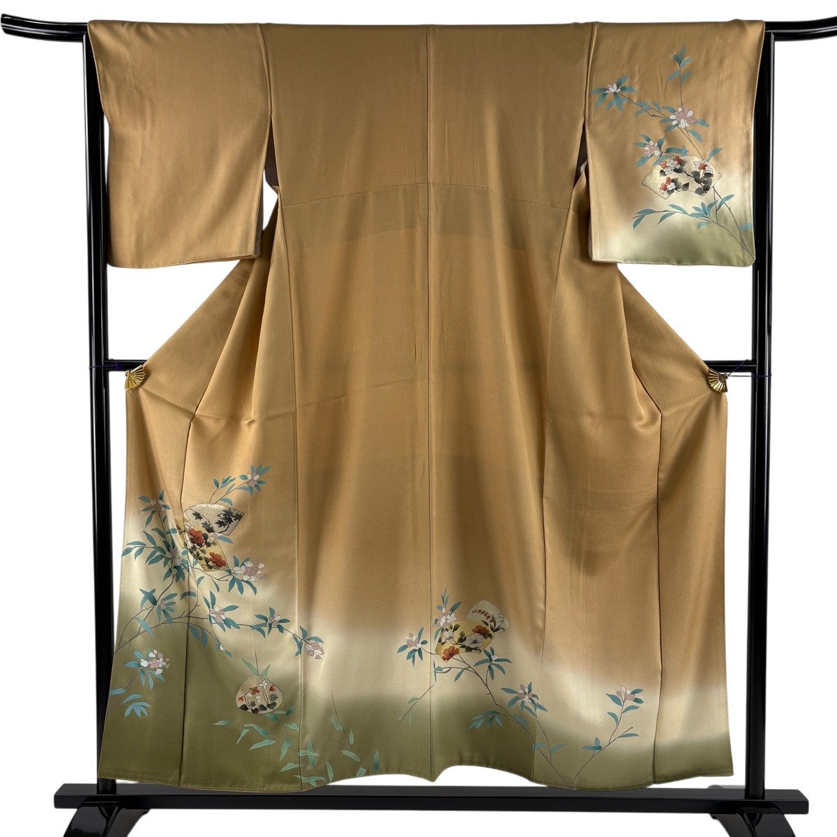 付下げ 身丈155.5cm 裄丈65.5cm M 袷 扇面 枝花 金彩 ぼかし 山吹茶色