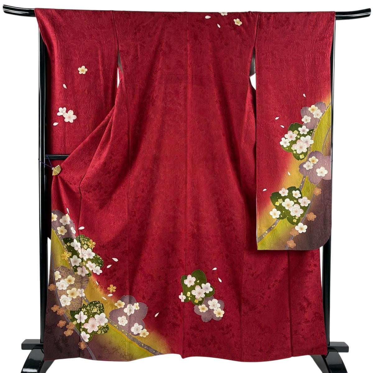 振袖 身丈163.5cm 裄丈67cm M 袷 桜 観世水 金糸 金彩 赤 正絹 秀品