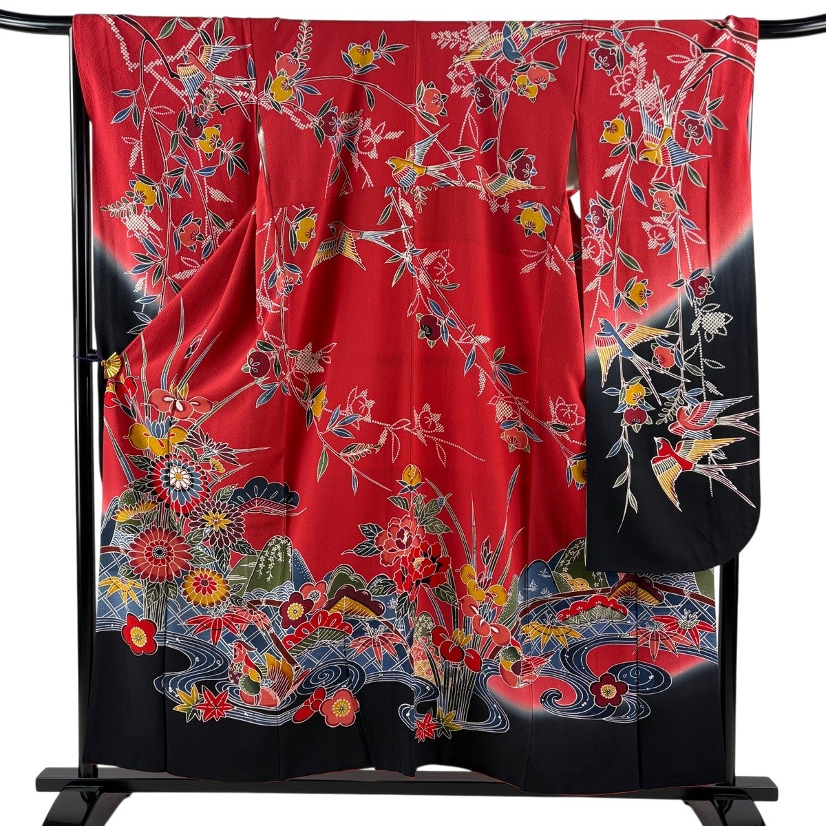 振袖 身丈155cm 裄丈67.5cm L 袷 菊 松竹梅 染め分け ぼかし 茜色 正絹