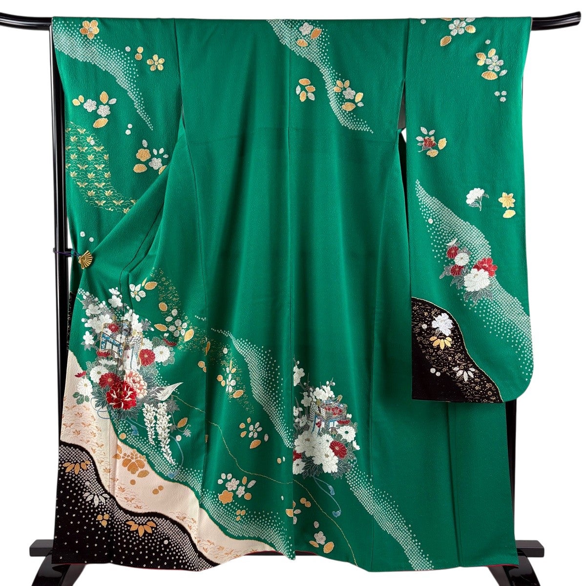 【美品】振袖　緑　正絹　金彩　牡丹　身丈161cm裄65.5cm 振袖 身丈161cm 裄丈68cm L 袷 牡丹 御所車 金通し 金彩 緑 正絹 名品