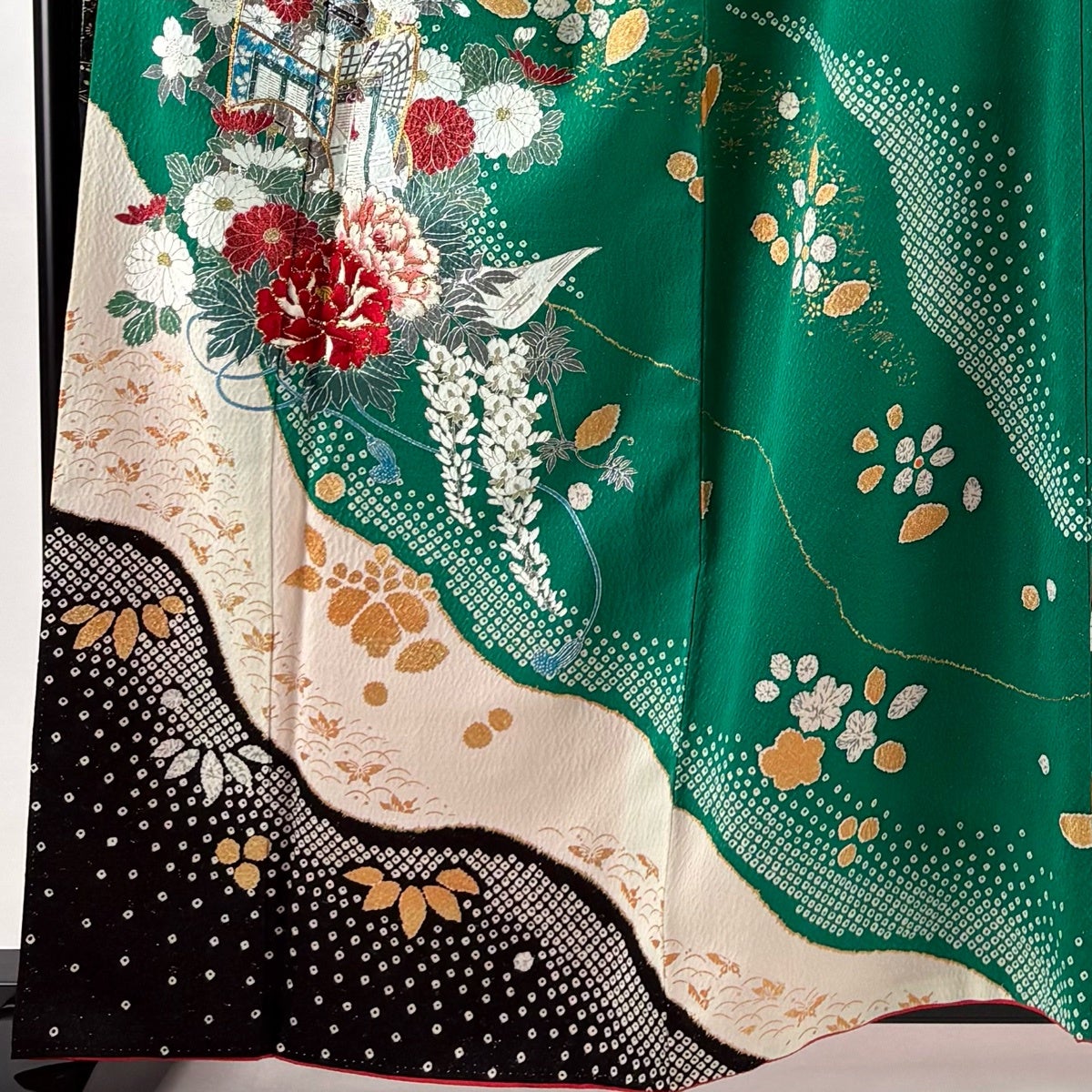 振袖 身丈161cm 裄丈68cm L 袷 牡丹 御所車 金通し 金彩 緑 正絹 名品