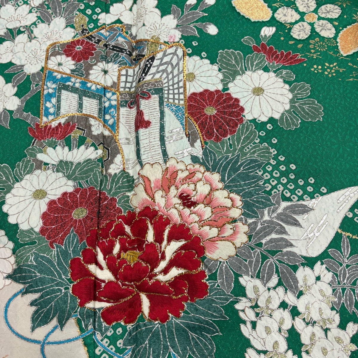 振袖 身丈161cm 裄丈68cm L 袷 牡丹 御所車 金通し 金彩 緑 正絹 名品