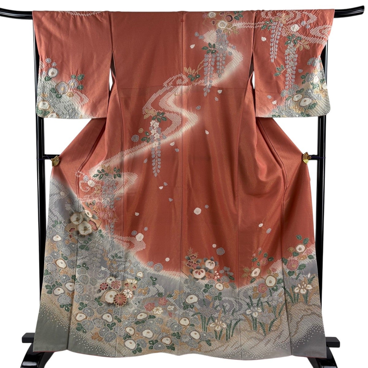 訪問着 身丈165cm 裄丈68cm L 袷 椿 菊 金通し 絞り 茜色 正絹 名品 一