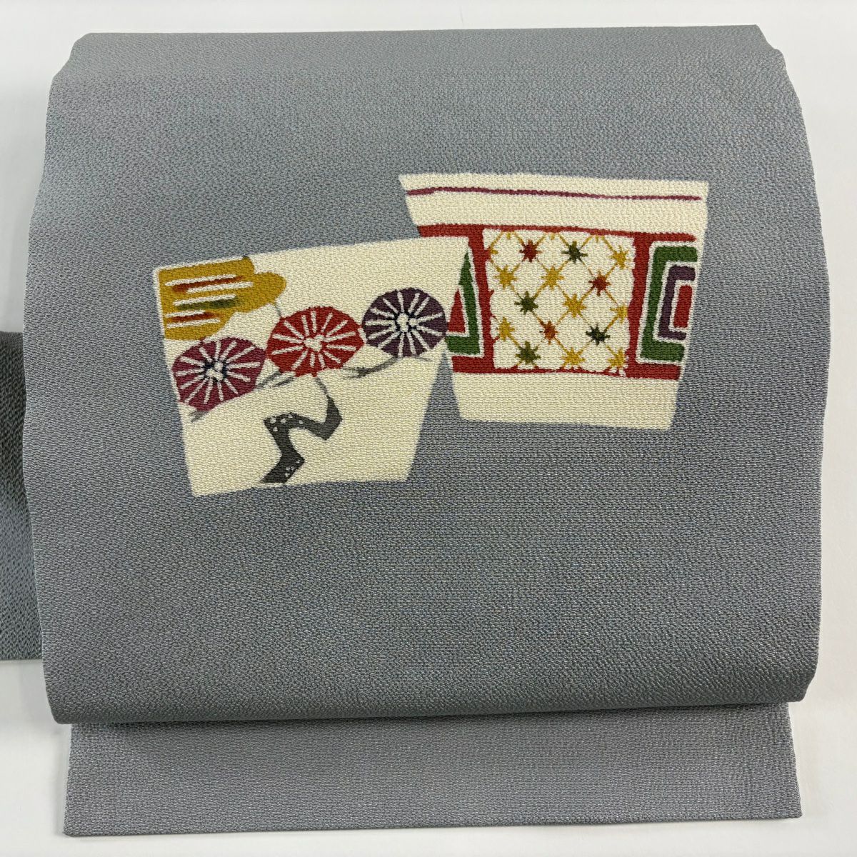名古屋帯 優品 松竹梅 幾何学模様 縮緬 青灰色 正絹｜中古・古着