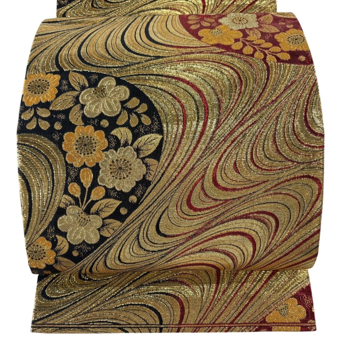袋帯 秀品 辻が花柄 幾何学模様 金糸 箔 赤 全通 正絹|中古 袋帯 秀品 辻が花柄 幾何学模様 金糸 箔 赤 全通 正絹|中古