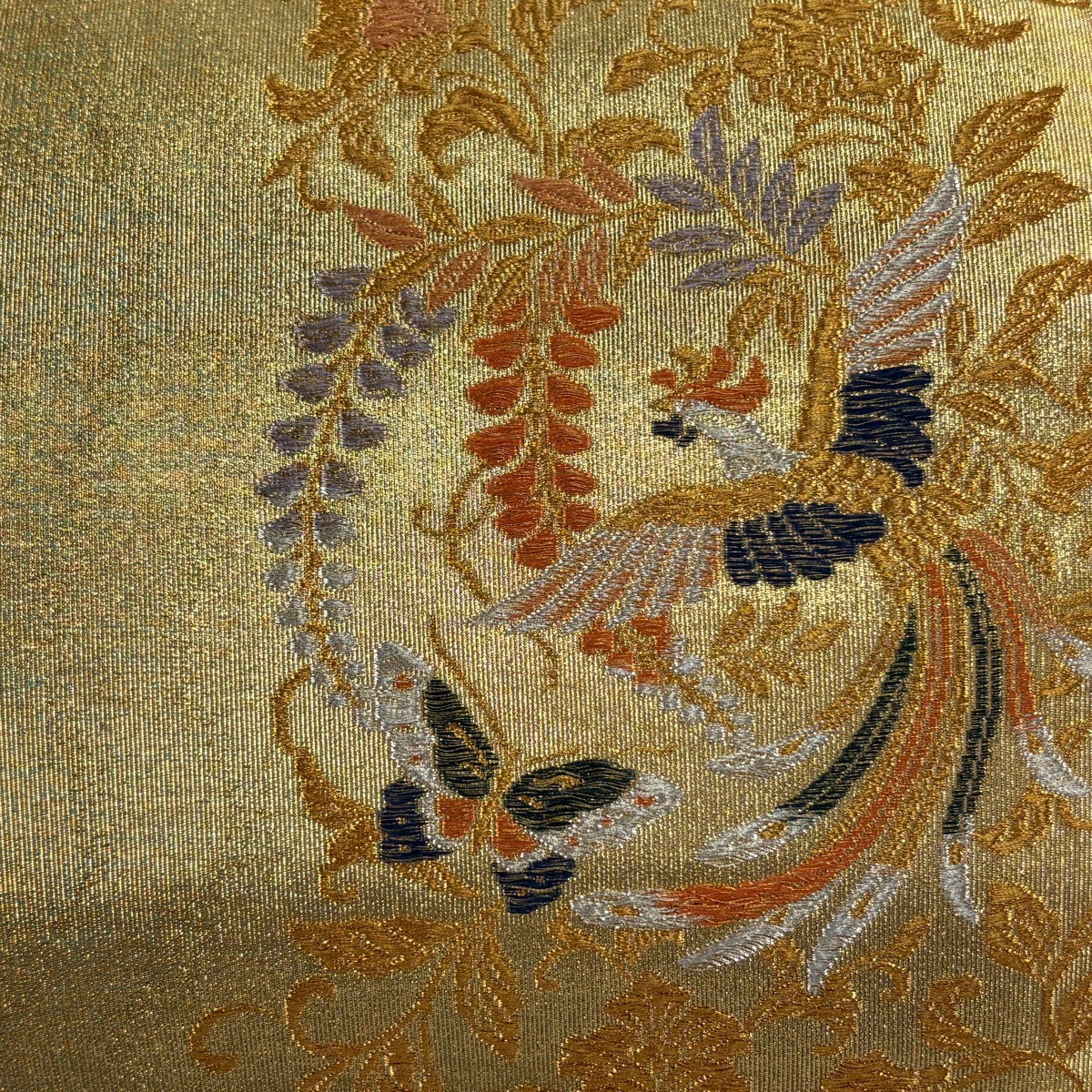 袋帯 秀品 尾長鳥 花蝶 金銀糸 箔 金色 六通 正絹｜中古・古着
