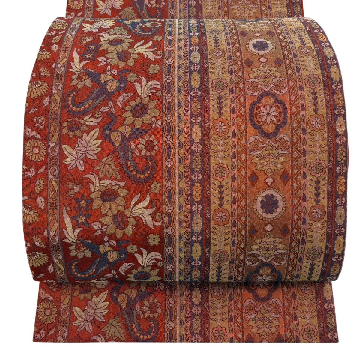 美品】 袋帯 秀品 紬地 花鳥 縞 赤茶 六通 正絹|中古・古着 美品】 袋帯 秀品 紬地 花鳥 縞 赤茶 六通 正絹|中古・古着