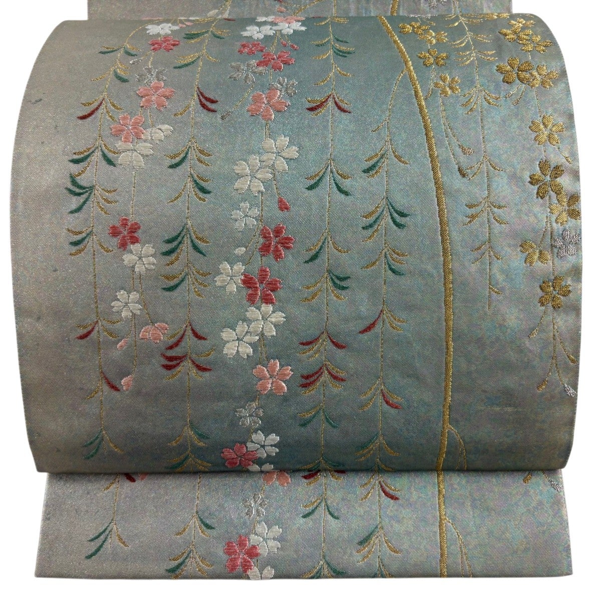 美品】 袋帯 秀品 枝垂れ桜 波 金銀糸 箔 赤 六通 正絹｜中古・古着
