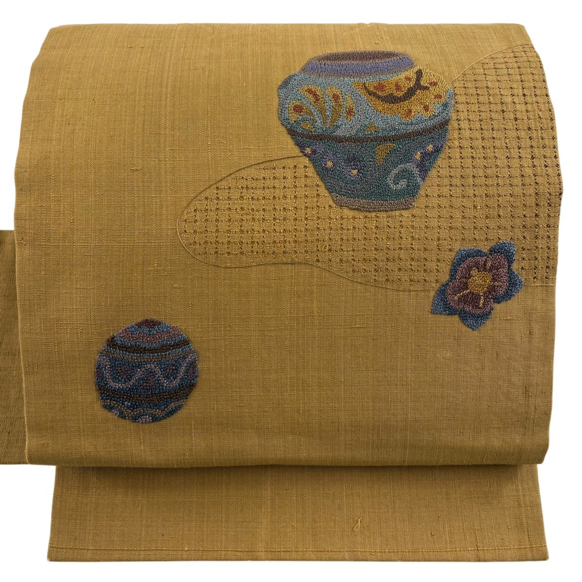 名古屋帯 秀品 関西仕立て 草花 相良刺繍 茶色 正絹｜中古・古着