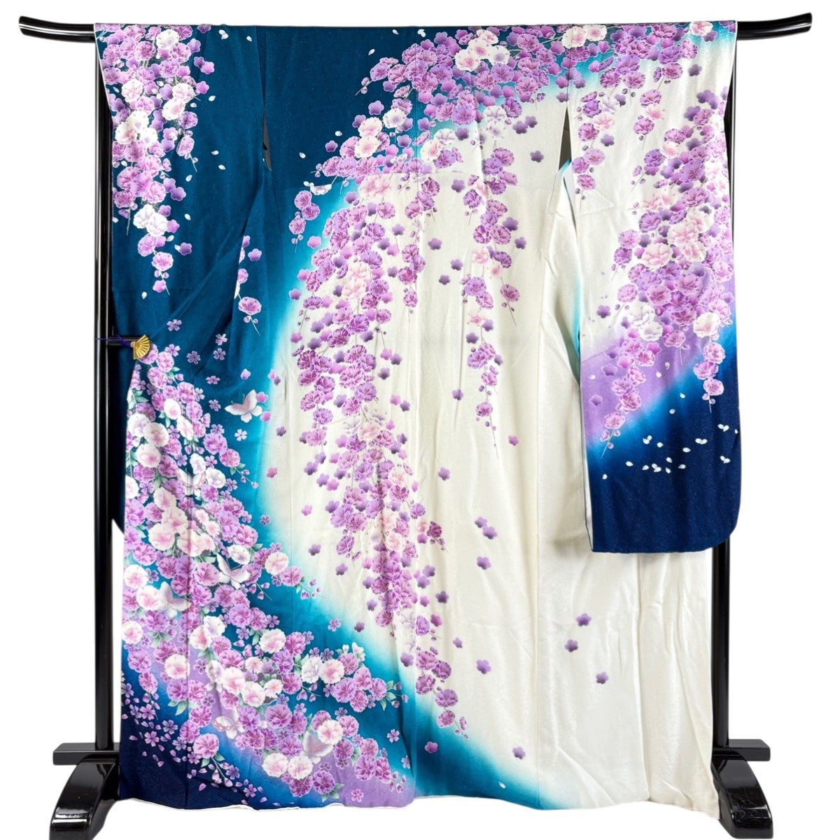 振袖 身丈168cm 裄丈68cm L 袷 枝垂れ桜 蝶 銀通し 金彩 青緑