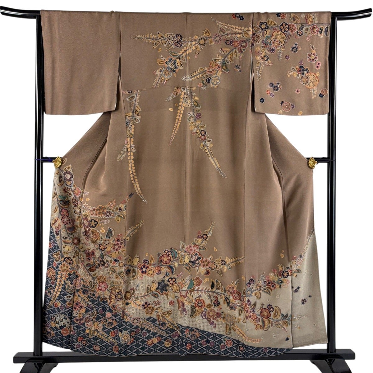 訪問着 身丈154cm 裄丈64.5cm M 袷 秋草 絞り 刺繍 薄小豆 正絹 秀品