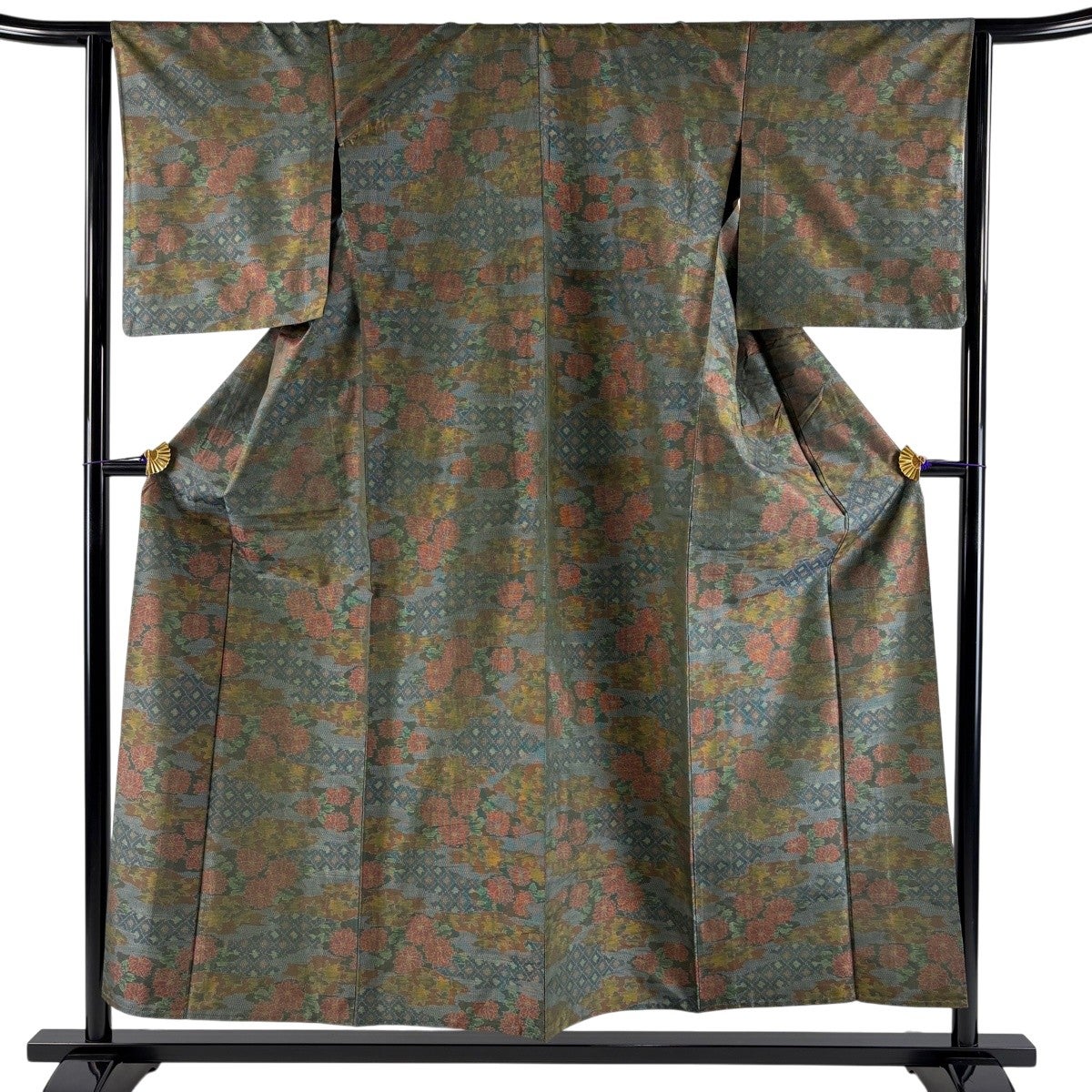 美品】 大島紬 身丈157cm 裄丈64cm M 単衣 都喜ヱ門 証紙あり 草花 青