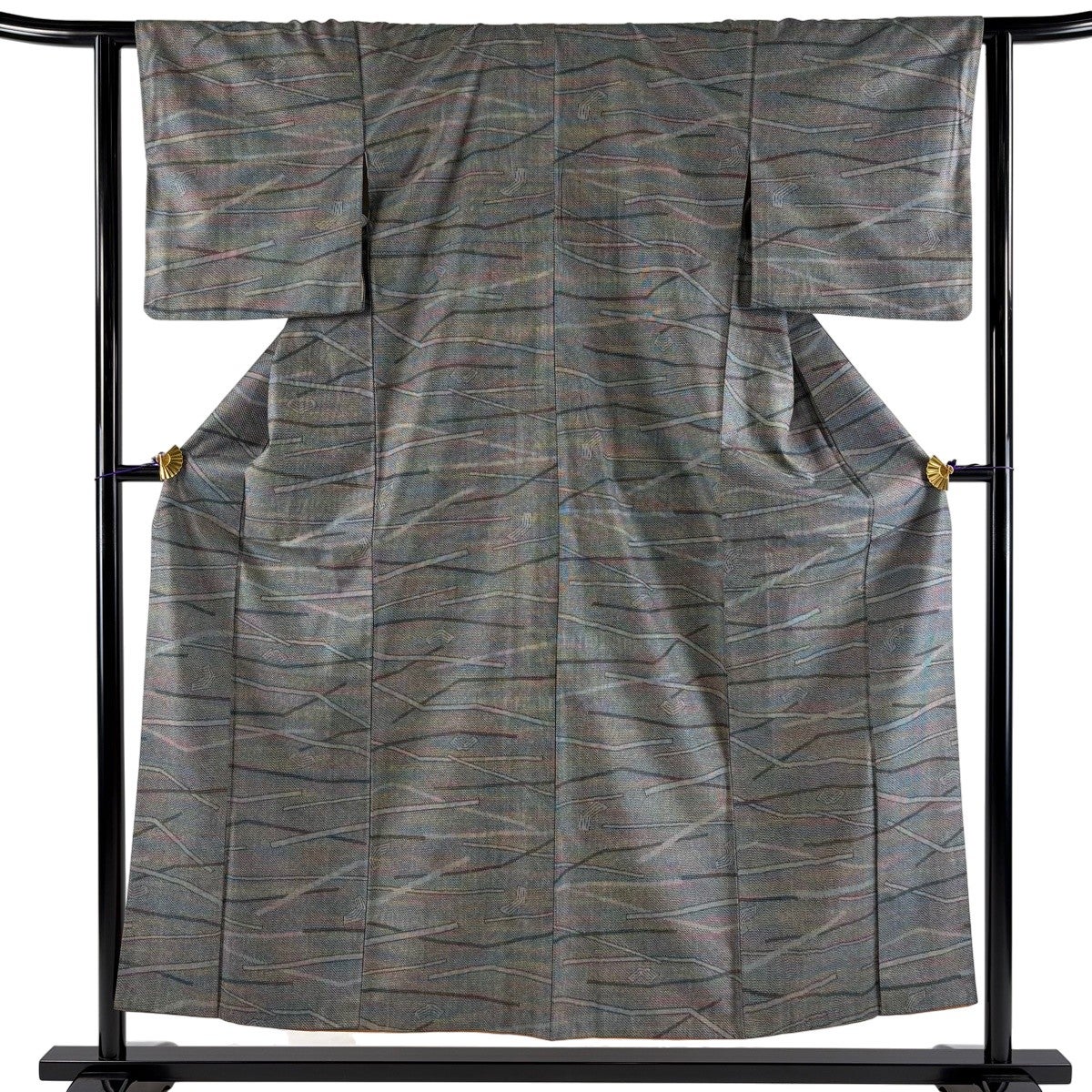 紬 身丈153cm 裄丈62.5cm S 袷 バチ衿 幾何学 灰緑 正絹 優品｜中古