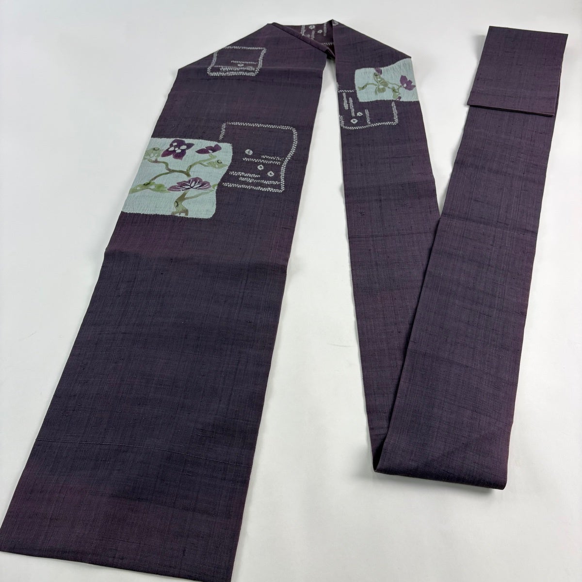 名古屋帯 名品 紬地 松 花 絞り 紫 正絹｜中古・古着・リサイクル着物