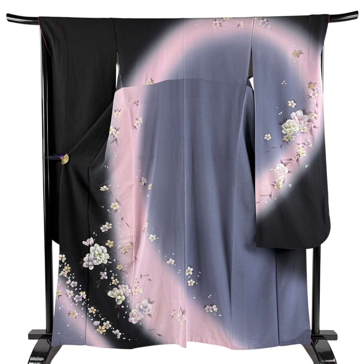 振袖 身丈162.5cm 裄丈67cm M 袷 草花 金銀彩 染め分け 黒 正絹 秀品
