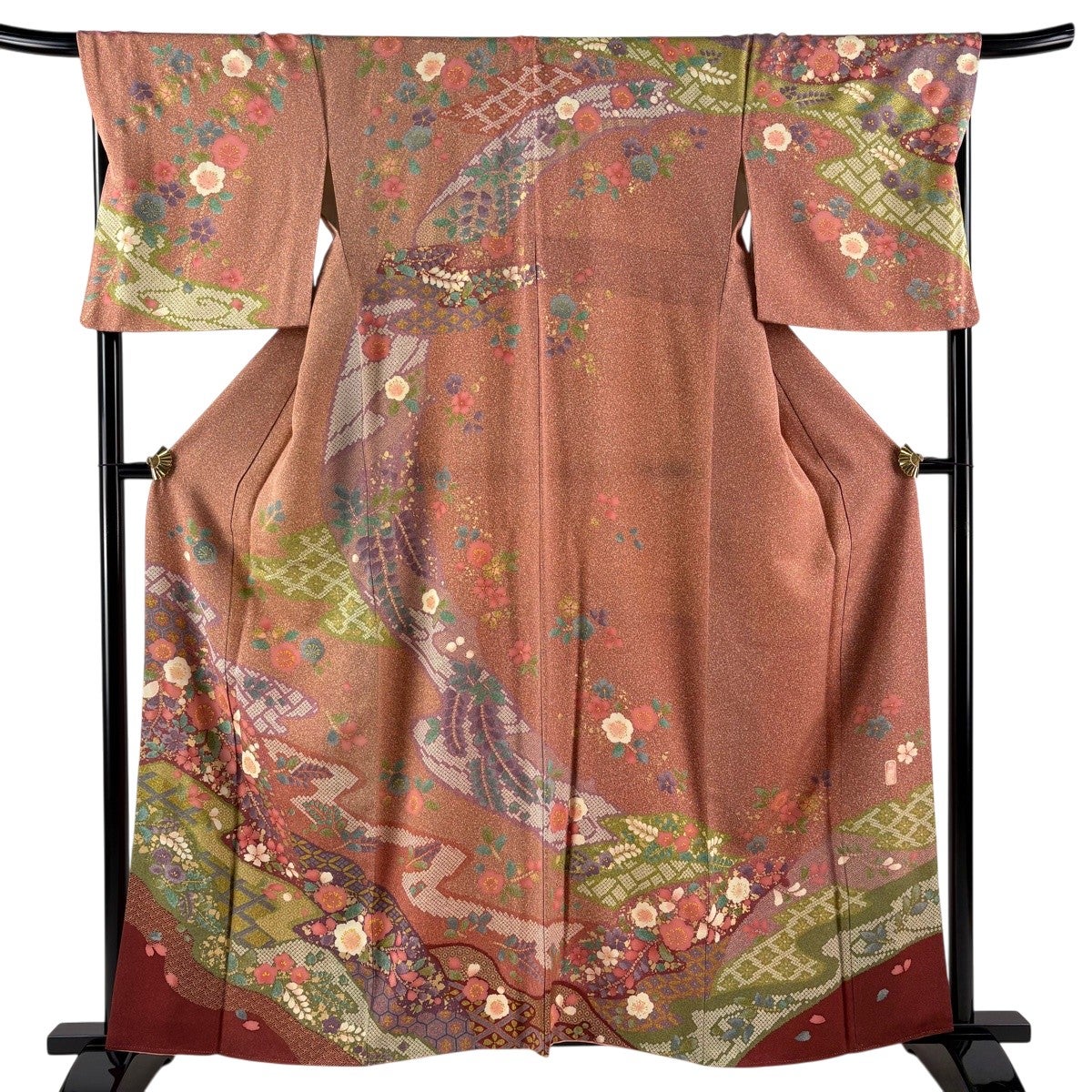 美品】 訪問着 身丈160cm 裄丈68.5cm L 袷 落款あり 桜 流水 金彩