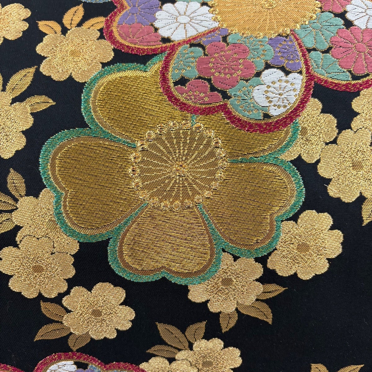 50%OFF 【美品】 袋帯 秀品 桜 菊 金糸 唐織 黒 六通 正絹 K50｜中古