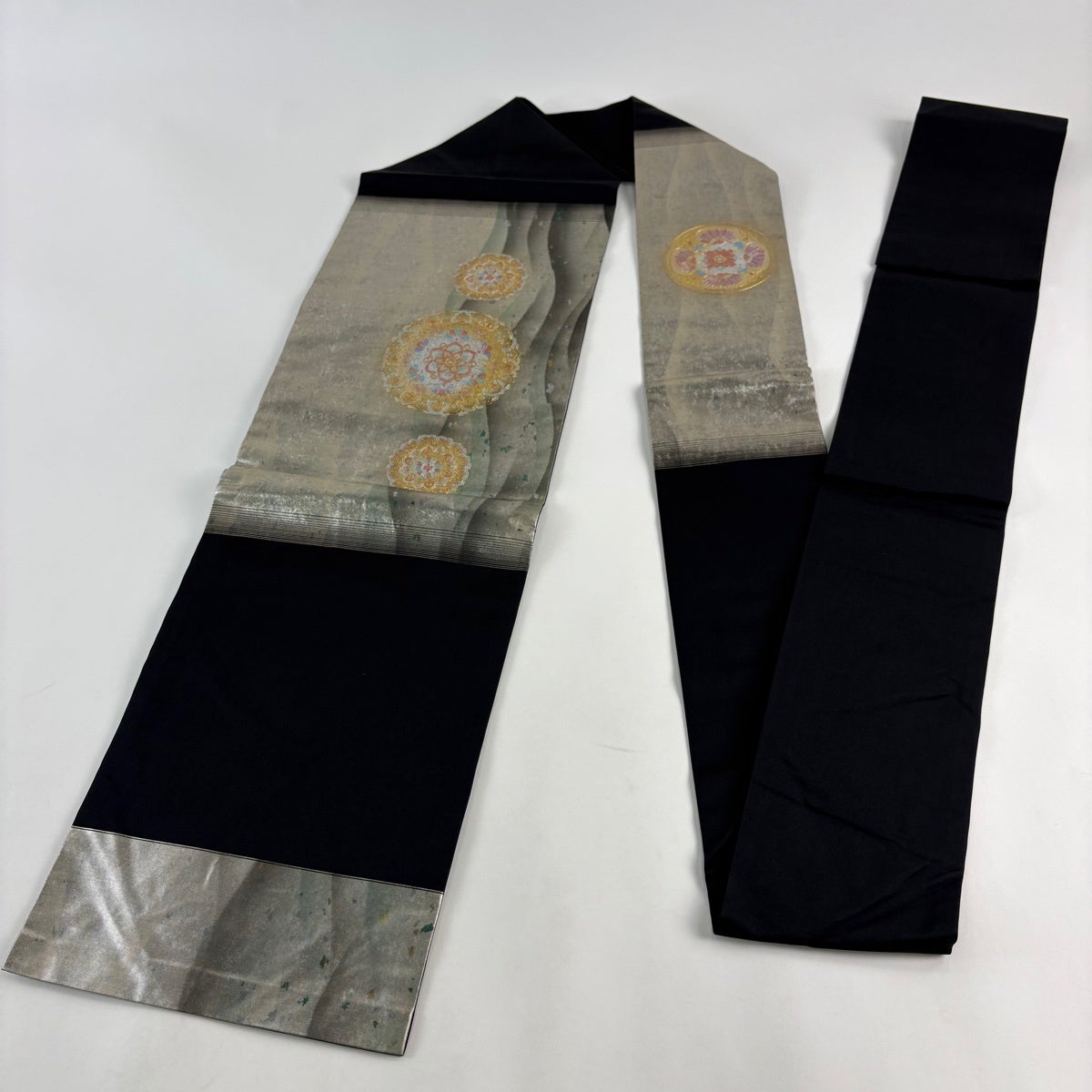 帯4385 ●高級 正絹 螺鈿細工 名古屋仕立て 名古屋帯 美品】 名古屋帯 名品 華文 箔 螺鈿 灰色 正絹｜中古・古着