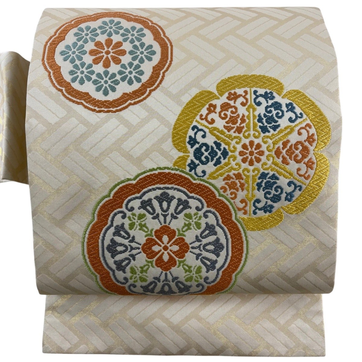 名古屋帯 優品 花菱 草花 唐織 箔 クリーム 正絹｜中古・古着