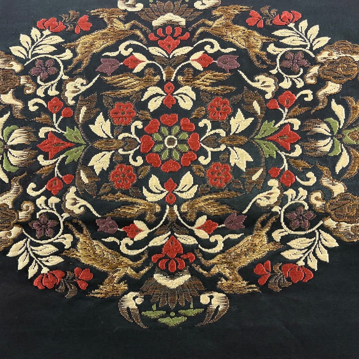 名古屋帯 優品 草花 動物 金糸 刺繍 深緑 正絹｜中古・古着