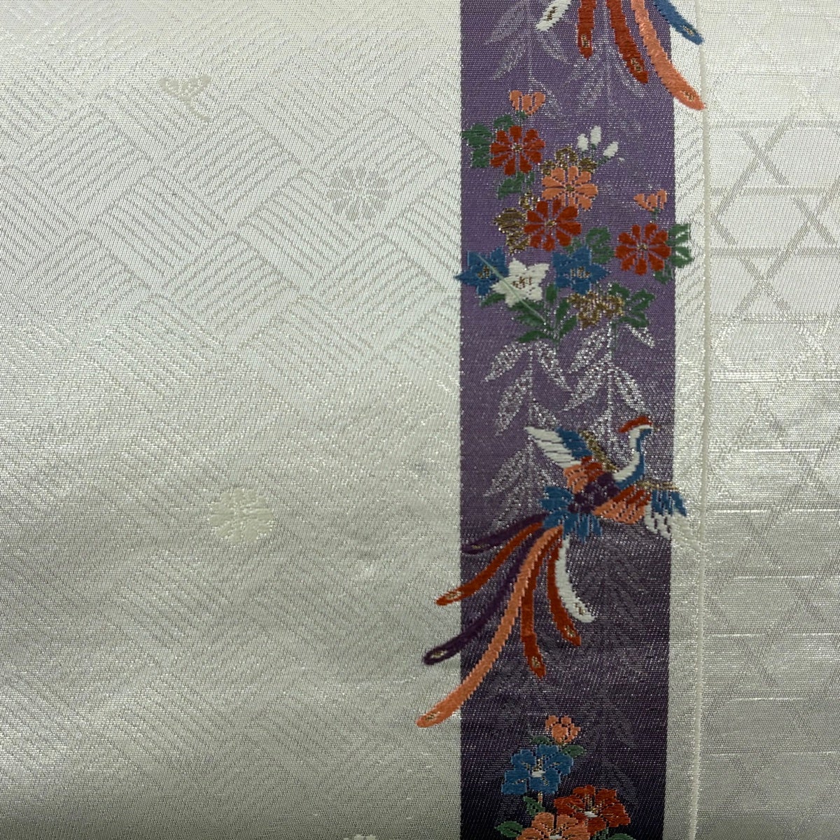 袋帯　正絹　七宝　鳳凰　六通　クリーム　金糸　フォーマル　上品 袋名古屋帯 優品 草花 鳳凰 金糸 箔 クリーム 正絹｜中古・古着
