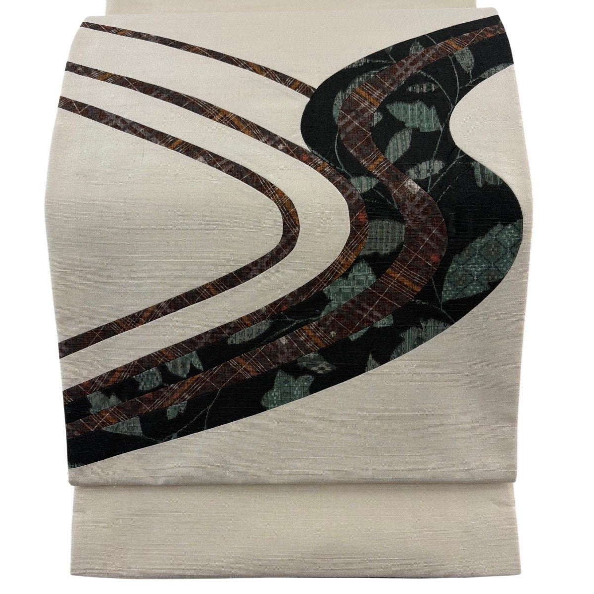 美品】 名古屋帯 秀品 髭紬地 草花 金彩 クリーム 正絹｜中古・古着