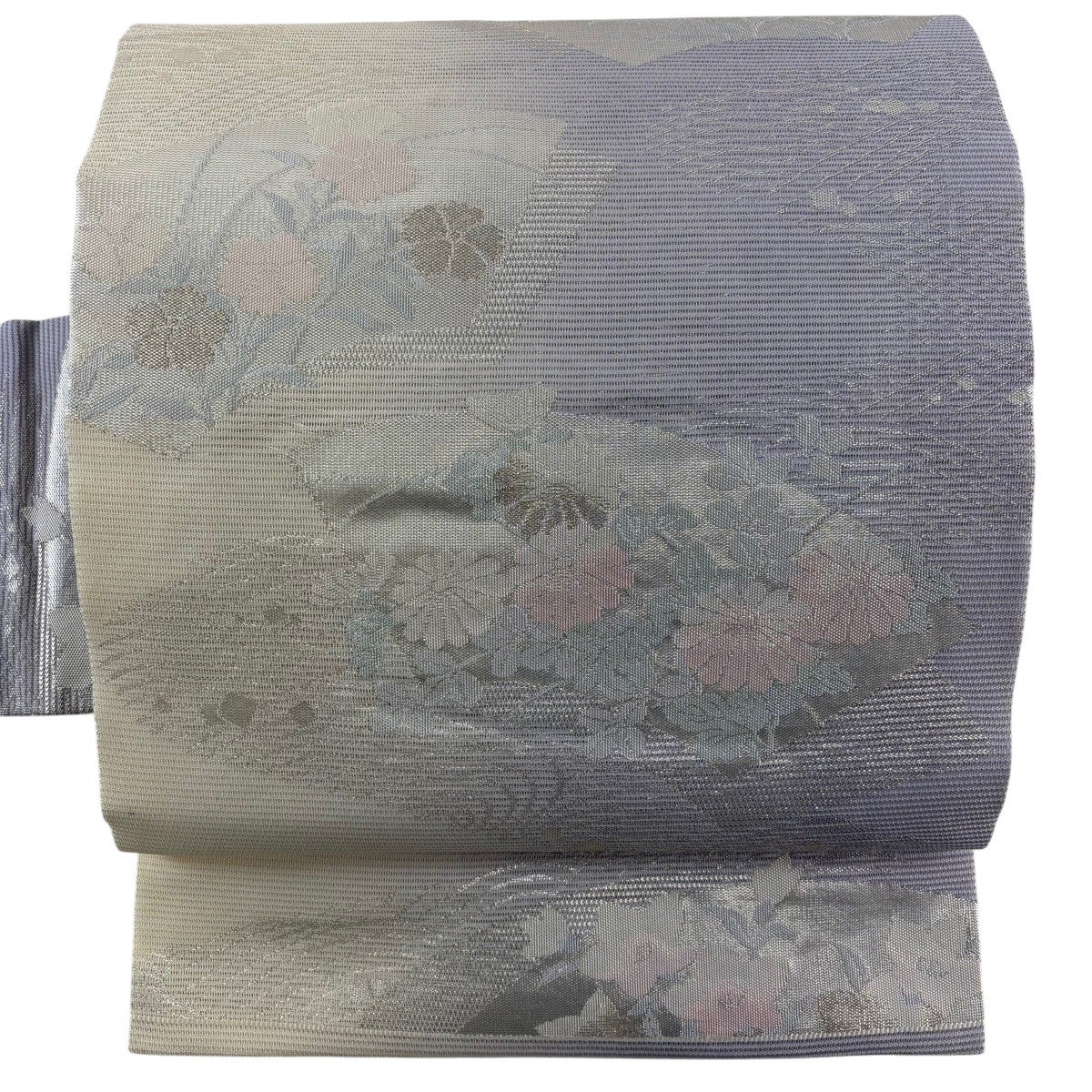 名古屋帯 優品 夏帯 絽 関西仕立て 扇面 草花 銀糸 箔 薄紫 正絹｜中古
