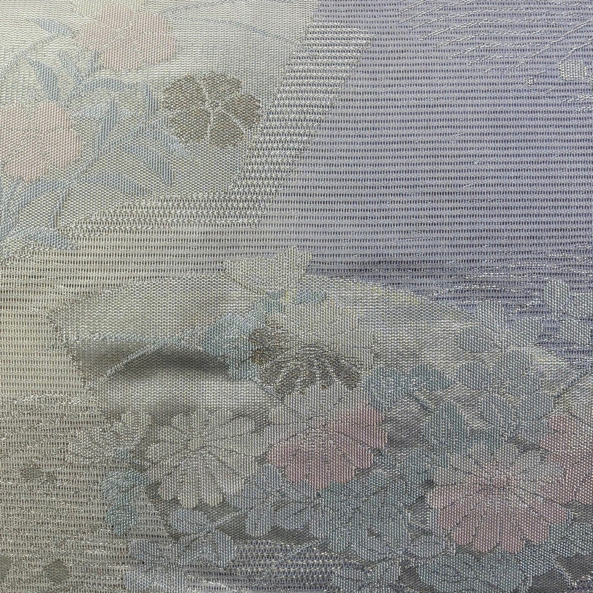 名古屋帯 優品 夏帯 絽 関西仕立て 扇面 草花 銀糸 箔 薄紫 正絹｜中古