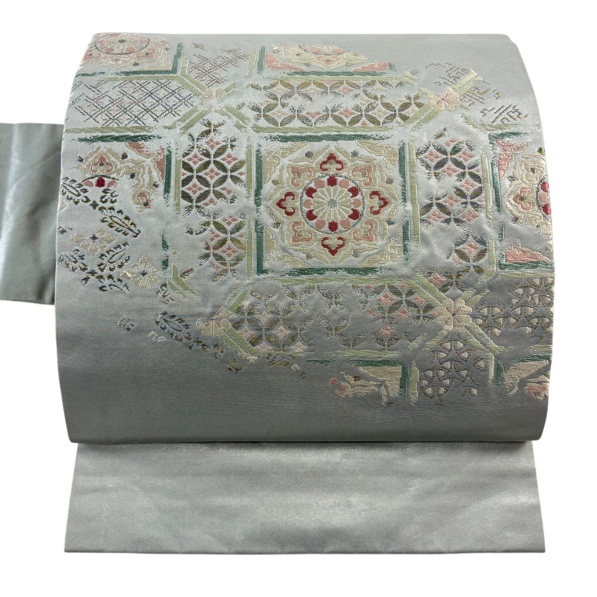 開き名古屋帯 優品 草花 銀糸 箔 薄ピンク 正絹｜中古・古着