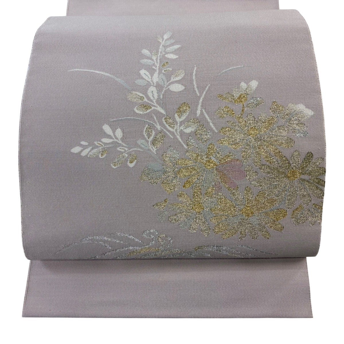 名古屋帯 優品 松葉仕立て 八寸名古屋帯 菊 波頭 金銀糸 灰桜 正絹