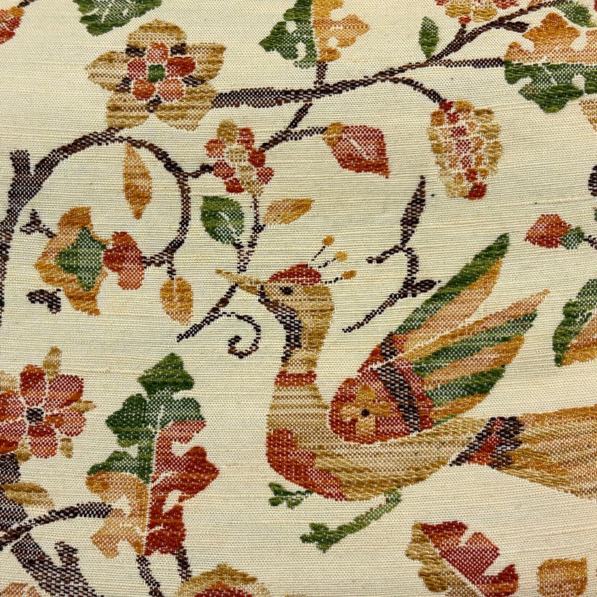 名古屋帯 優品 紬地 八寸名古屋帯 松葉仕立て 草花 鳥 ベージュ 正絹