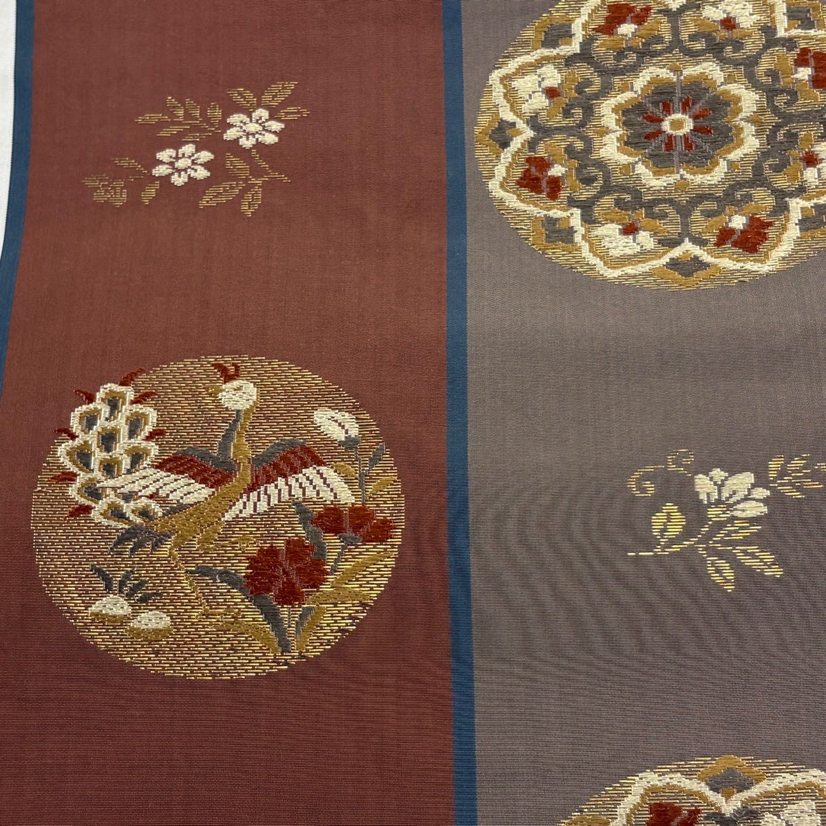 中国製刺繍入り装飾マット 鳥と花柄 ブラウン 名古屋帯 優品 華文 鳥 箔 茶色 正絹｜中古・古着・リサイクル着物通販