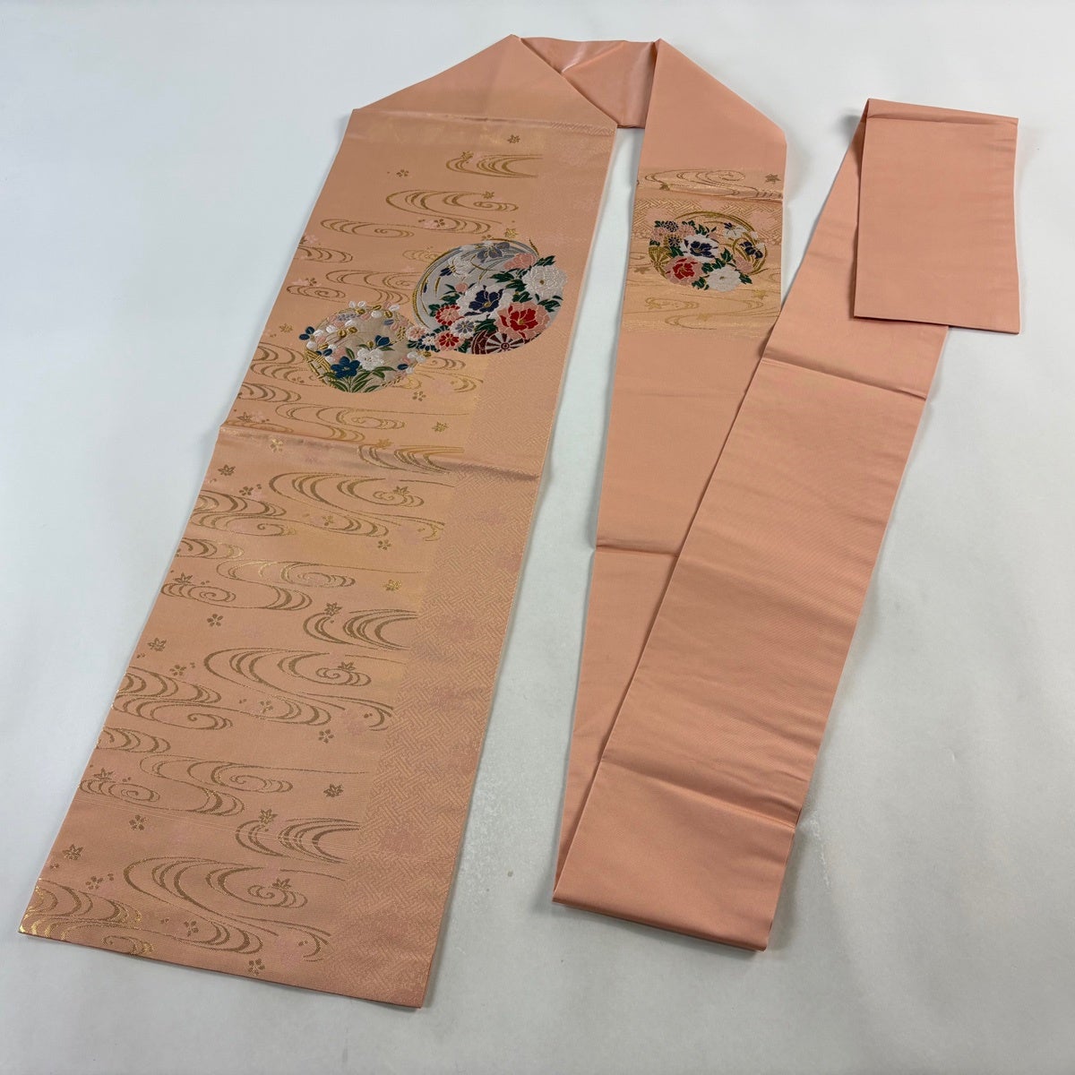 美品】 名古屋帯 優品 花車 流水 箔 唐織 薄ピンク 正絹｜中古・古着