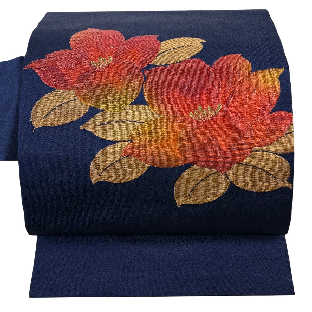 名古屋帯 優品 草花 箔 金糸 紺色 正絹｜中古・古着・リサイクル着物