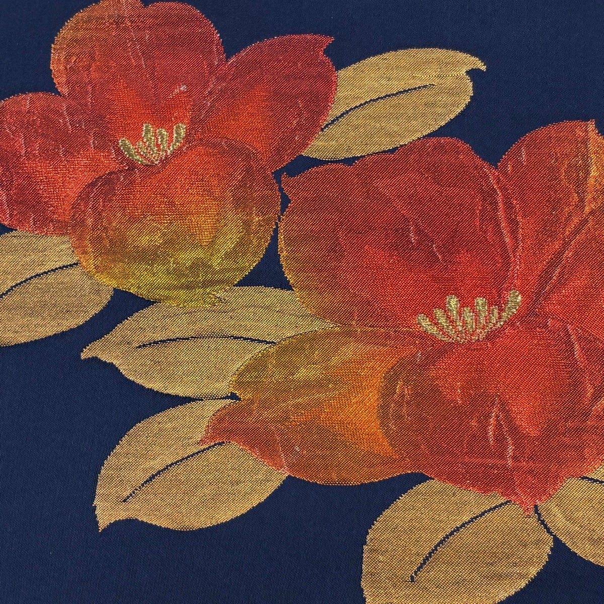 名古屋帯 優品 草花 箔 金糸 紺色 正絹｜中古・古着・リサイクル着物
