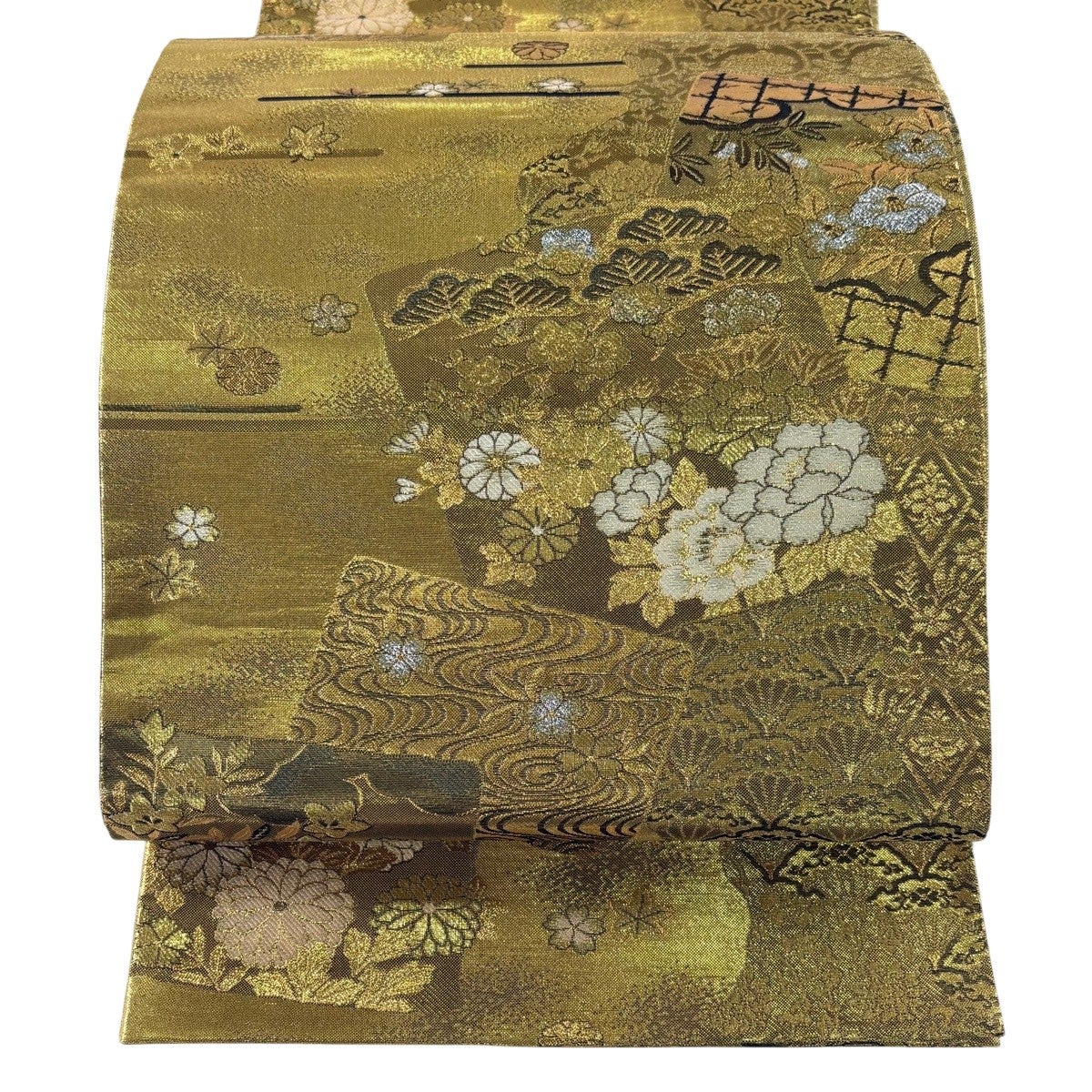 美品】 袋帯 名品 花井幸子 落款あり 花菱 唐草 金華山織 箔 金色 六通 美品】 袋帯 名品 花井幸子 落款あり 花菱 唐草 金華山織 箔 金色 六通