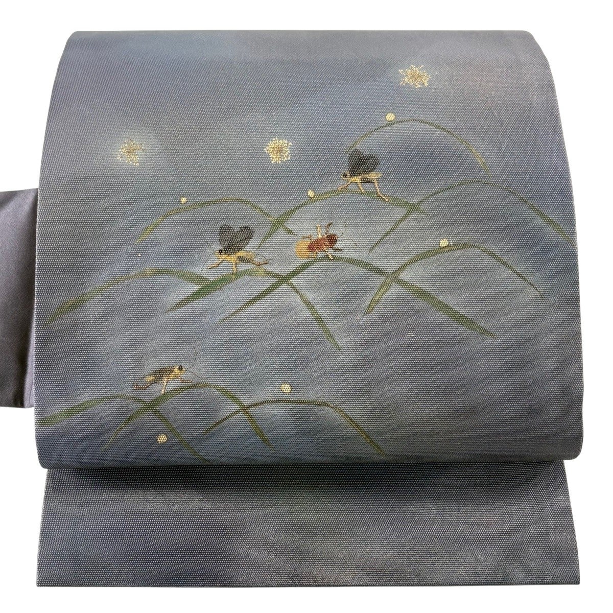 美品】 名古屋帯 秀品 花香織 秋の虫 蛍 金銀彩 灰紫 正絹｜中古・古着