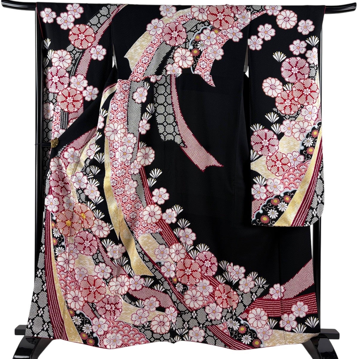 【振袖フルセット】身丈163.5cm 裄丈69cm 桜 手鞠 金彩 ぼかし 赤 美品】 振袖 身丈163cm 裄丈67.5cm L 袷 桜 花 金糸 金彩 黒 正絹 名品