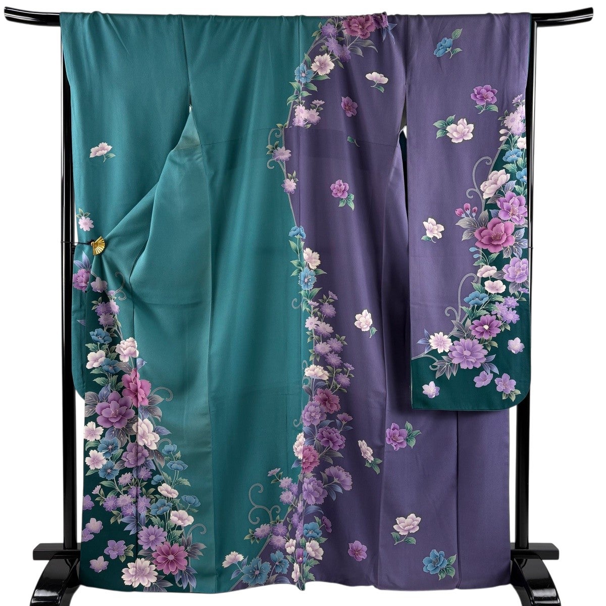 振袖 身丈169cm 裄丈69cm L 袷 草花 金彩 染め分け 青緑 正絹 名品