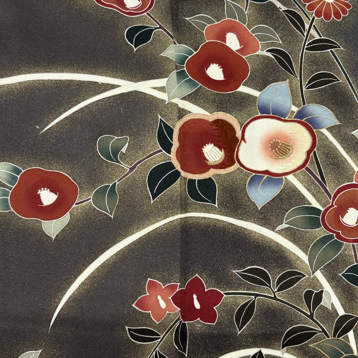 訪問着 正絹 作家物 落款 手描き 秋草花文様 共八掛 159cm 66cm 訪問着 身丈158.5cm 裄丈65cm M 袷 落款あり 椿 秋草 刺繍 金彩 墨色